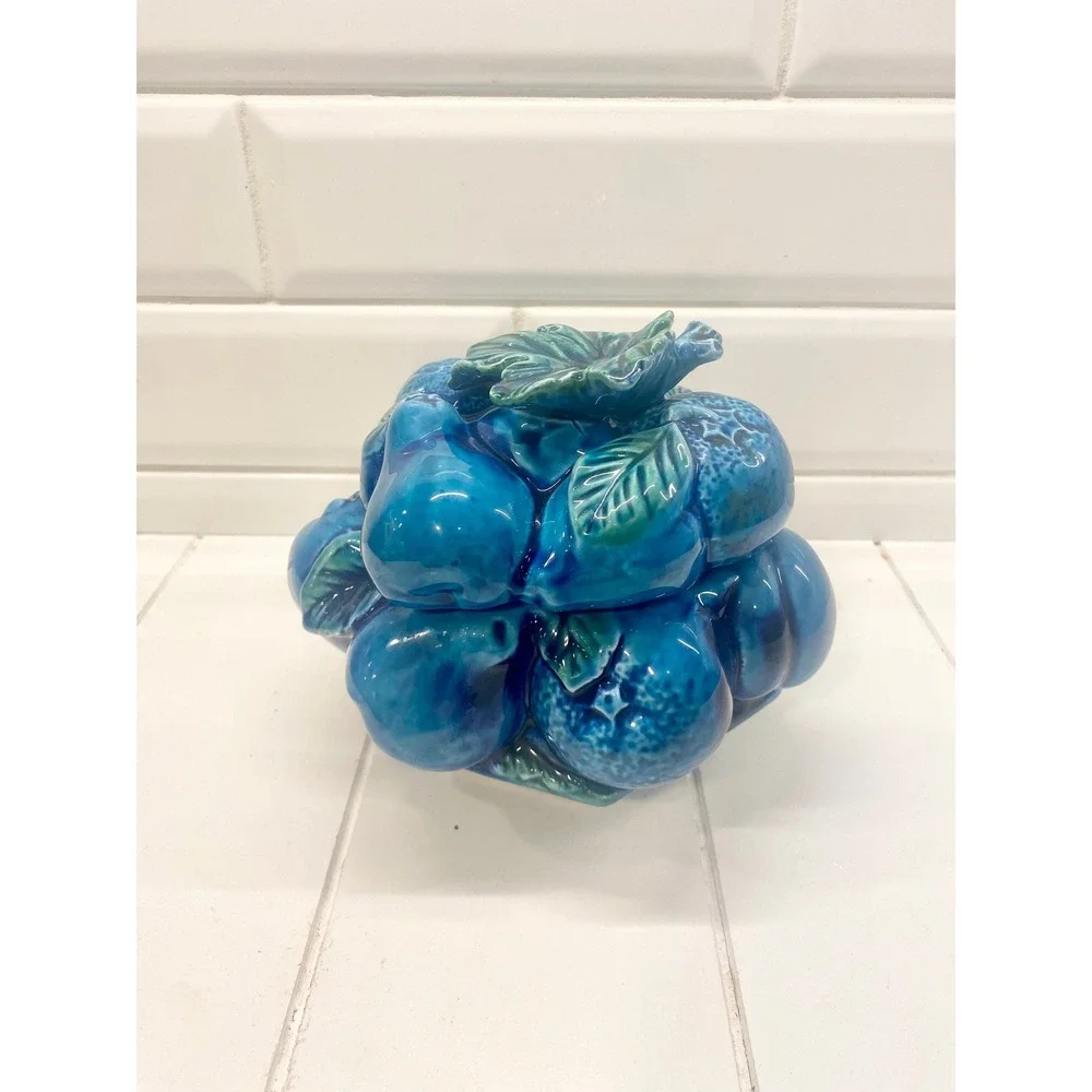 Vintage Inarco Moody Indigo Blue Majolica Fruit Canister with Lid